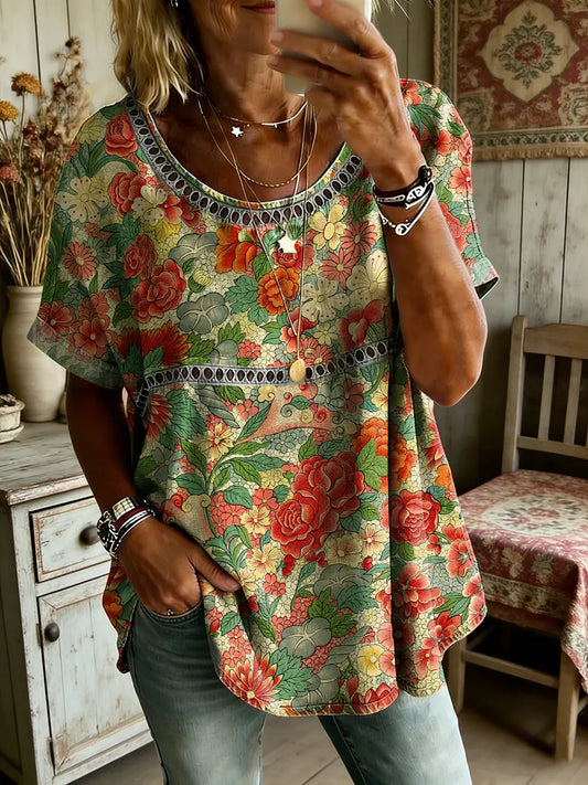 Women's Folk Floral Art Print Round Neck Short Sleeve Hollow-Out Shirt