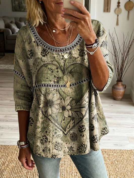 Women's Floral Heart Pattern Art Print Casual Crew Neck Tie-front Top