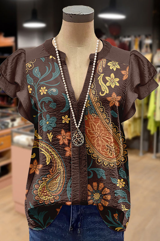 Vintage Paisley Print Flutter Sleeve Top