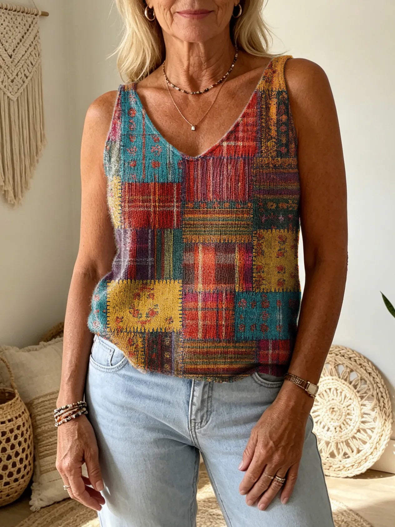 Women's Bohemian Retro Colorful Patchwork Art Print Casual Fashion V-Neck Sleeveless Knit Vest