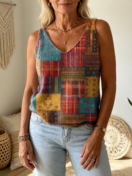 Women's Bohemian Retro Colorful Patchwork Art Print Casual Fashion V-Neck Sleeveless Knit Vest