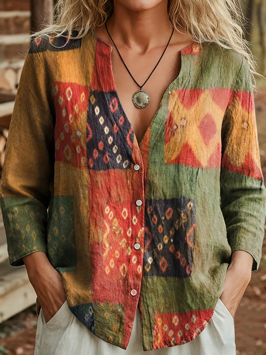 Women's Bohemian Collage Art Print Long Sleeve Cotton Shirt