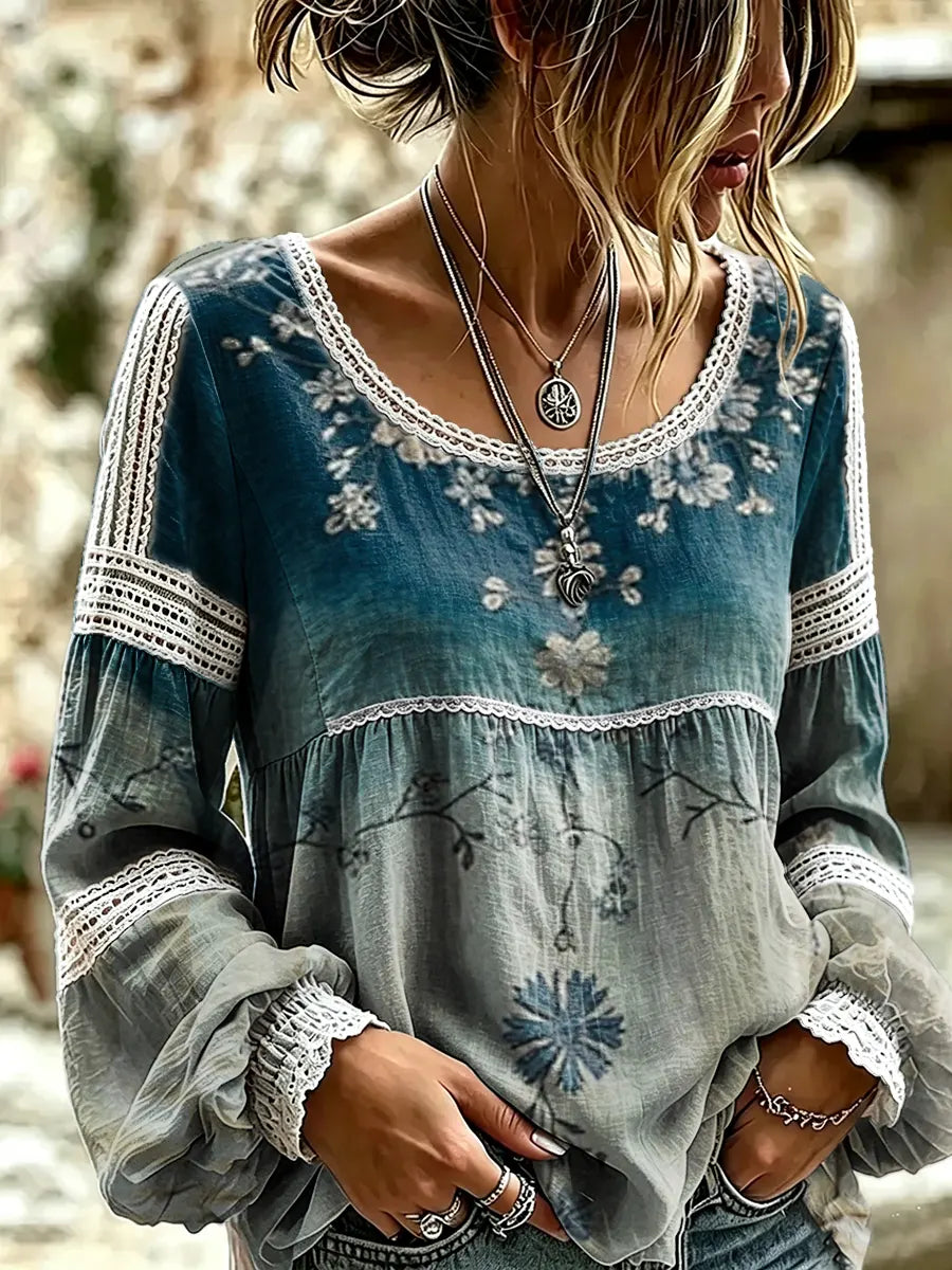 Women's Vintage Ethnic Floral Print Lace Blouse
