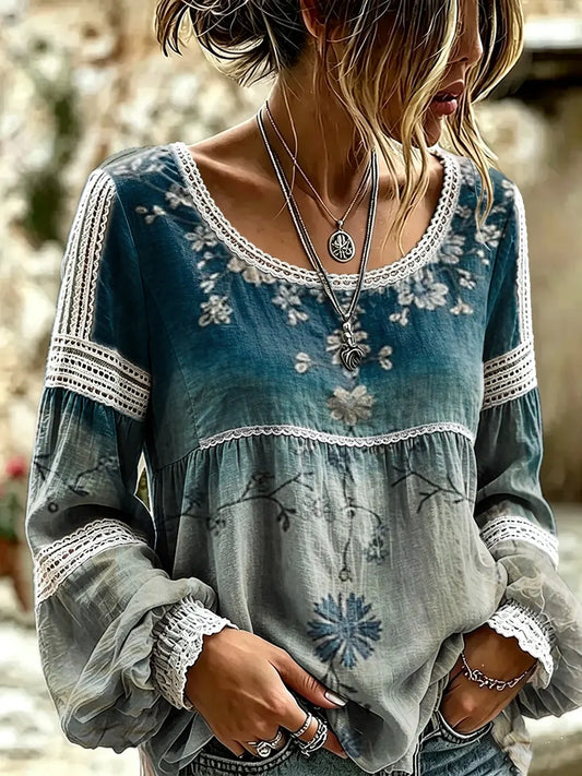 Women's Vintage Ethnic Floral Print Lace Blouse