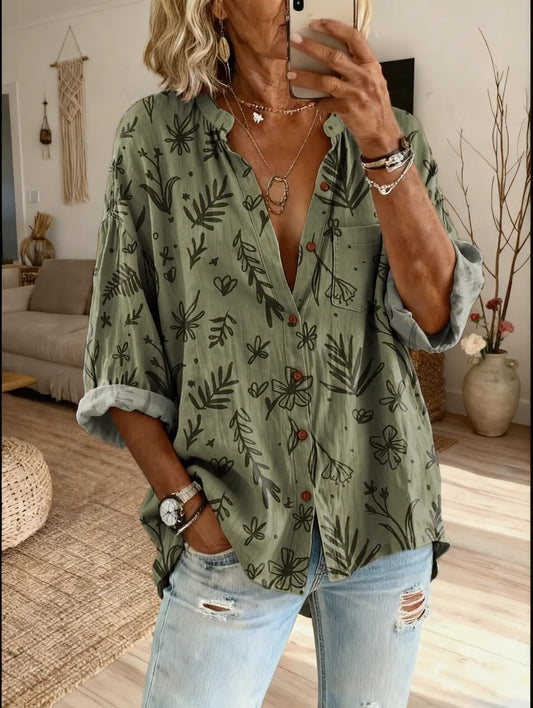 Ethnicity Green Flowers Women's Vintage Art Print Casual Shirt