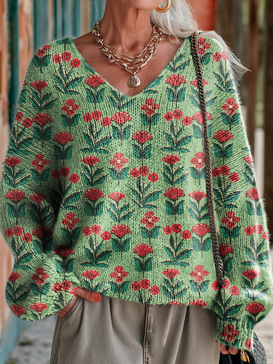 Ladies Vintage Cute Green Floral Art Print Casual V-neck Knitwear