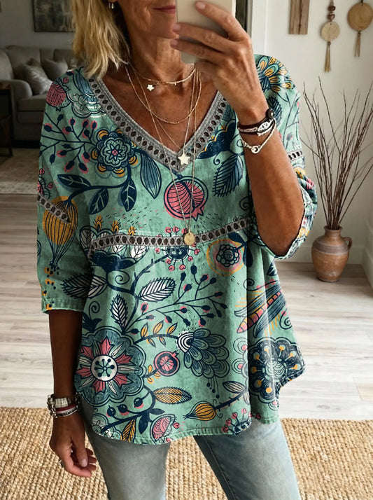 Women's Floral Pattern Art Print Casual V-neck Lace-up Top