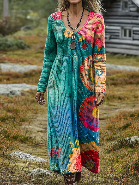 Women's Retro Ethnic Floral Art Print Casual Long-Sleeve V-Neck Cotton Knit Dress