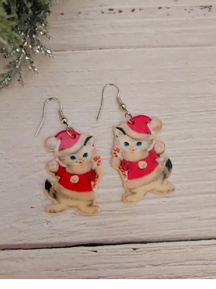 Vintage Christmas Santa Cat Earrings