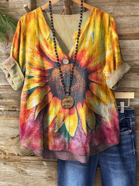 Women's Tie Dye Sunflower Art Print Casual Cotton Linen Shirt