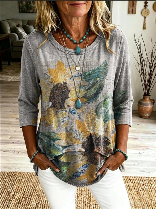 Women's Vintage Floral Print Casual Crew-neck T-shirt