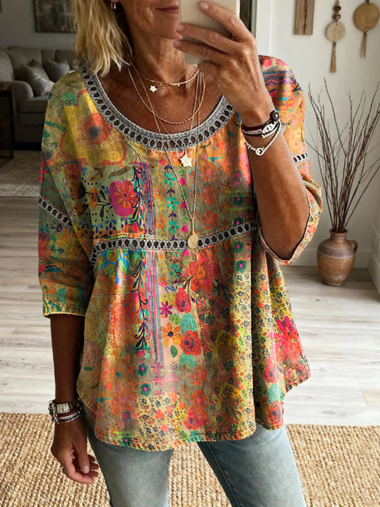 Women's Bohemian Floral Art Print Round Neck Hollow-out Shirt