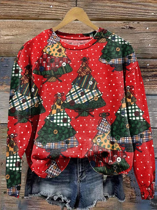 Women's Vintage Christmas Tree Patchwork Print Casual Crew Neck Sweatshirt