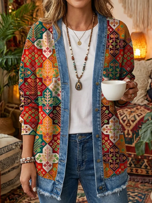 Ethnicity Geometry Totem Colorful Women's Art Print Casual Long Sleeve Denim Patchwork Shirt Coat