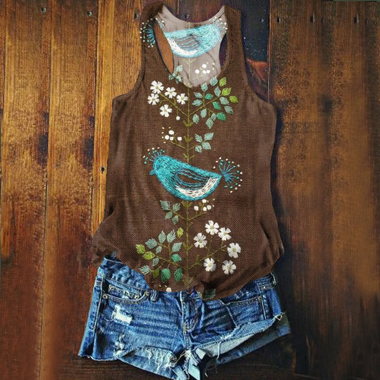 Women's Bohemian Floral Bird Art Print Tank Top