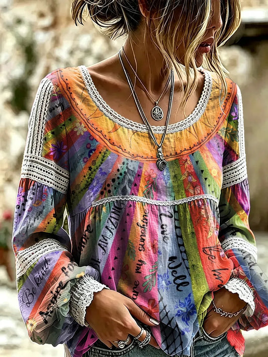 Women's Multicolor Floral Print Lace Trim Blouse