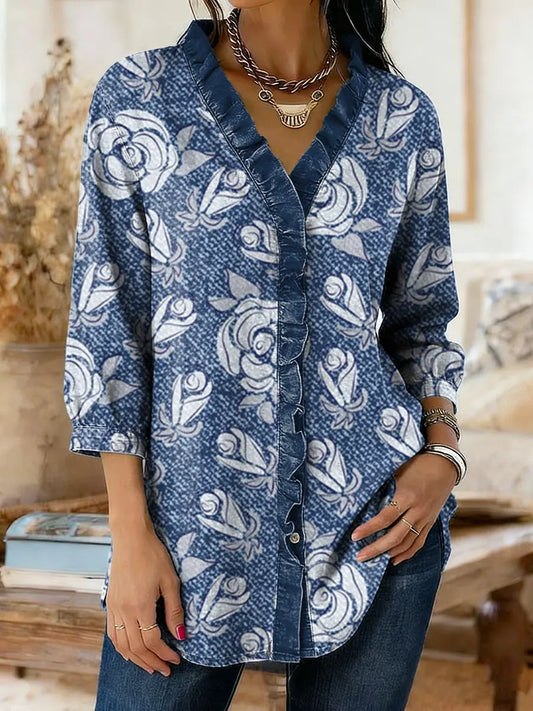 Women's Floral Art Print Casual Ruffle Button-Down Denim Shirt