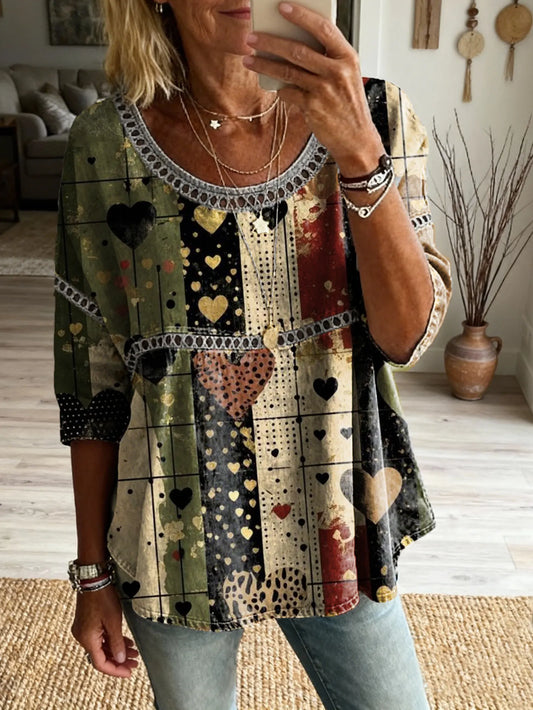 Ethnicity Geometry Color Blocks Love Women's Vintage Art Print Casual Round Neck Cutout Top