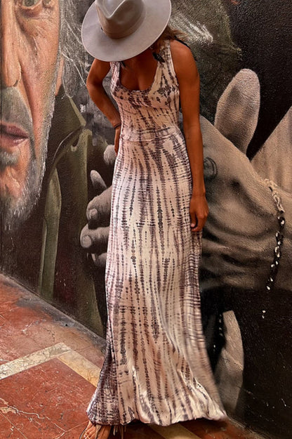 Modern Day Tie-dye Print Back Lace-up Stretch Maxi Dress