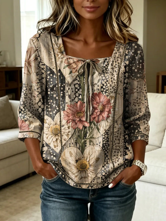 Women's Retro Floral Heart-print Artistic Tie-front Square-neck Short-sleeve Top