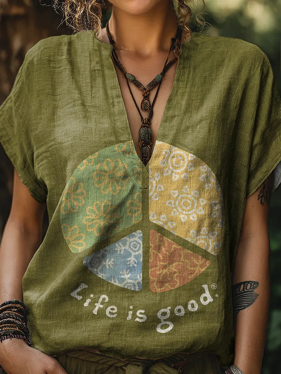 Women's Life Is Good Hippie Print Casual V-neck Short-sleeve T-shirt