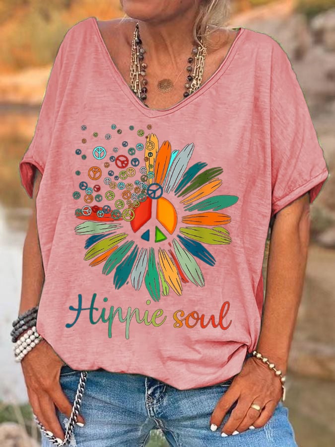 Women'S Sunflower Peace Sign Hippie Soul Print T-Shirt