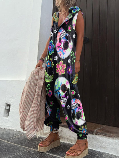 Women's Artistic Floral Skull Print Casual 100% Cotton Wide Leg Jumpsuit