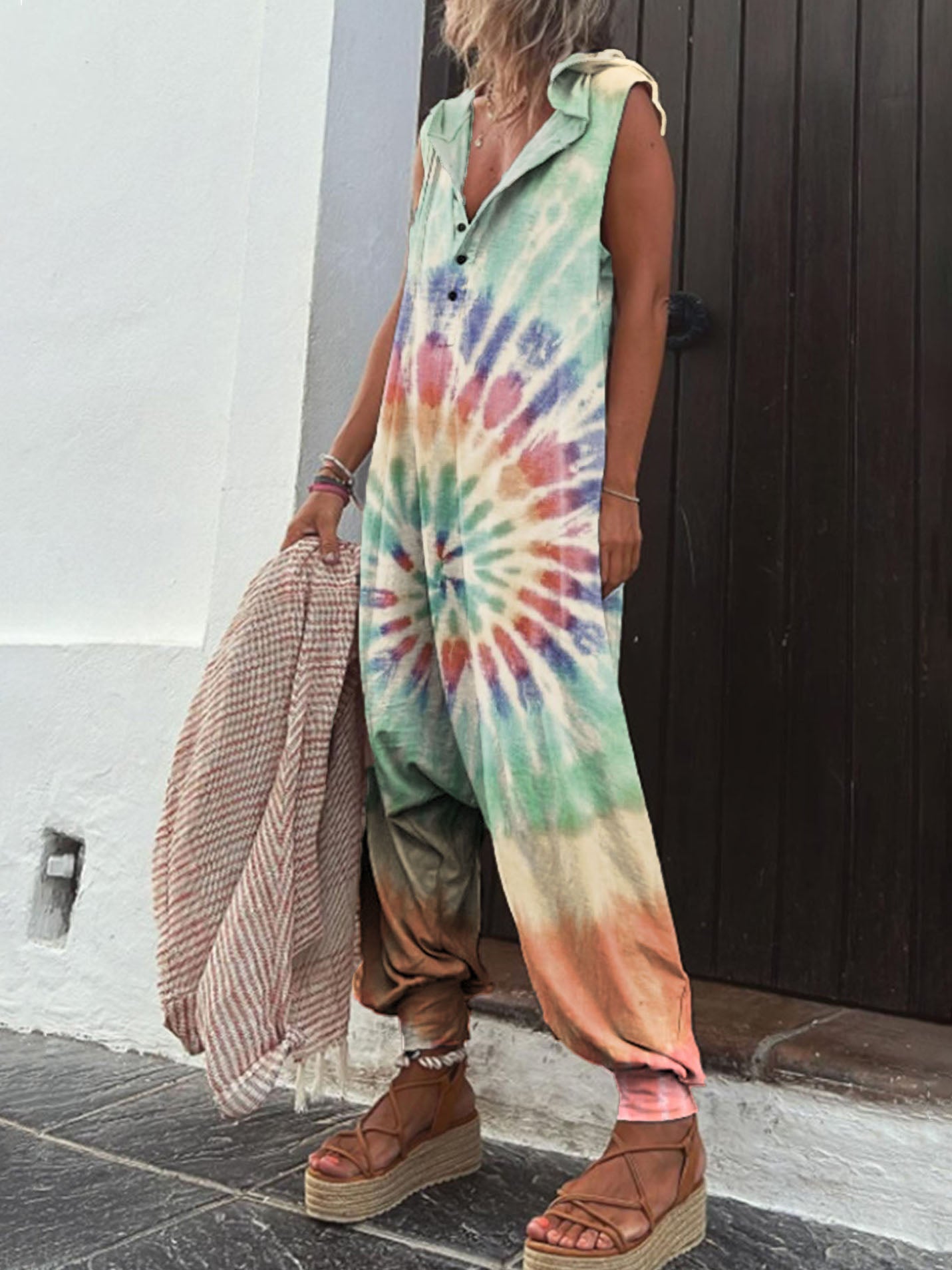 Women's Retro Tie Dye Print Casual 100% Cotton Wide Leg Jumpsuit