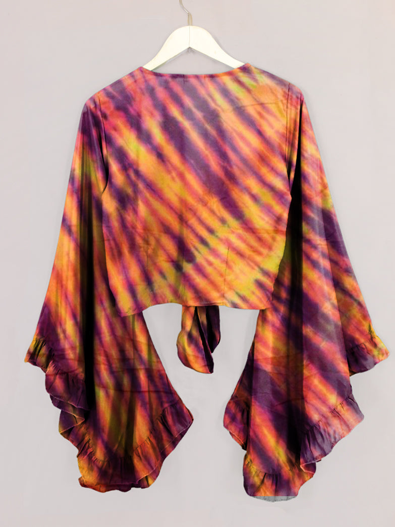 Retro Striped Tie-dye Print Bell Sleeve Wrap Top