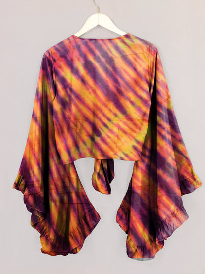 Retro Striped Tie-dye Print Bell Sleeve Wrap Top