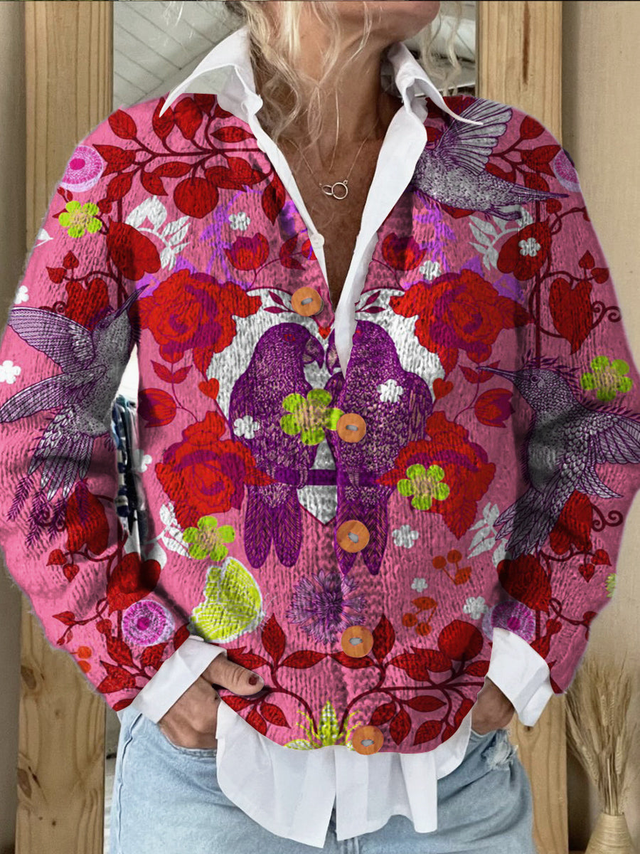 Retro Colorful Flowers & Love Bird Print Buttoned Cardigan Sweater