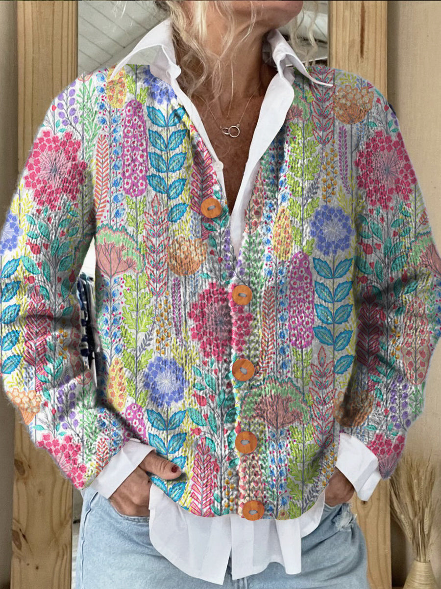 Retro Colorful Flowers Print Buttoned Cardigan Sweater