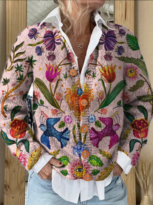 Retro Colorful Flowers Print Buttoned Cardigan Sweater