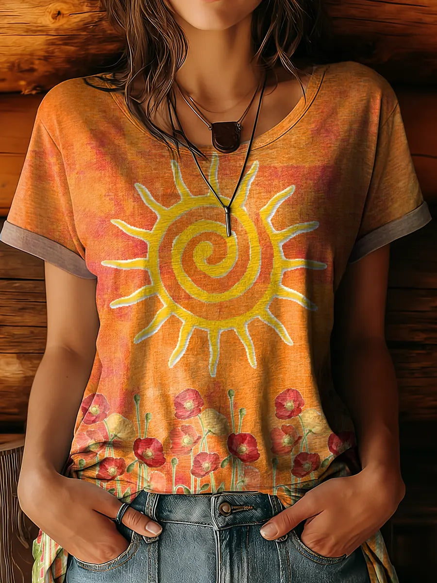 Women's Sunflower Floral Art Print Crew Neck 100% Cotton T-shirt