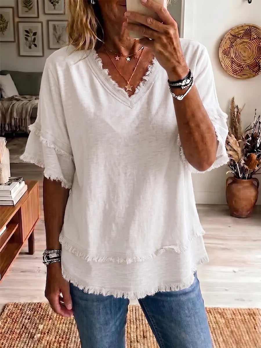 Women's Art Casual V- Collar Mixed Cotton Shirt