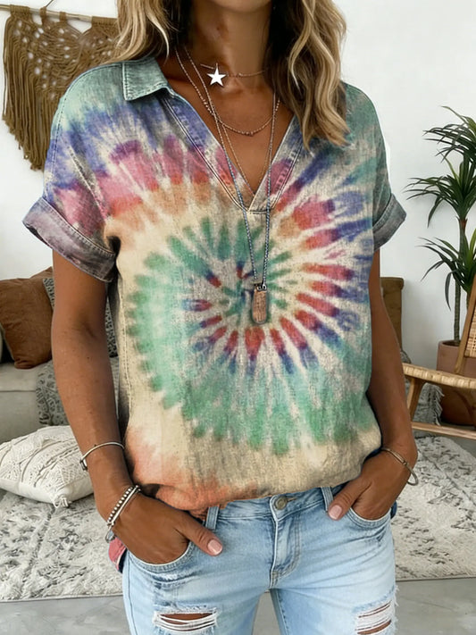 Women's Retro Tie-Dye Print V-Neck Short-Sleeve Shirt