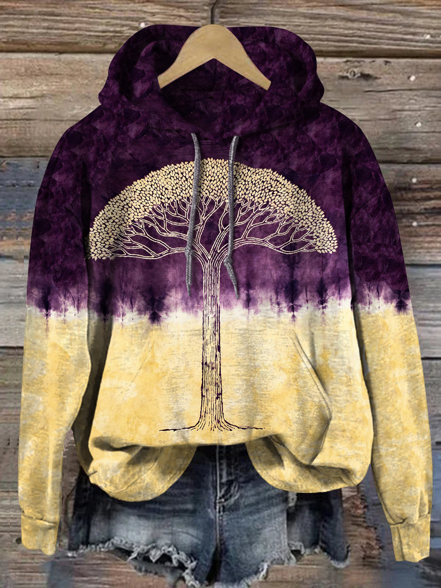 Retro Tree of Life Gradient Art Print Casual Long-Sleeve Hooded Sweatshirt