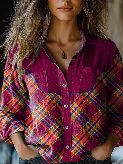 Western Style Plaid Pattern Printed Women's Casual Long Sleeve Comfortable Cotton Shirt