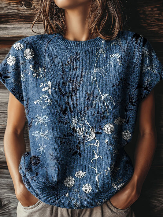 Women's Vintage Floral Art Print Casual Crew Neck Short Sleeve Knitted Sweater