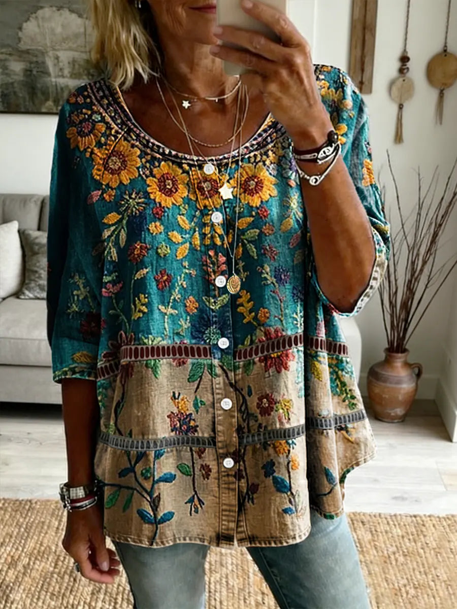 Ethnicity Bohemia Texture Flower Women's Art Print Casual Long-sleeve V-neck Washed Top
