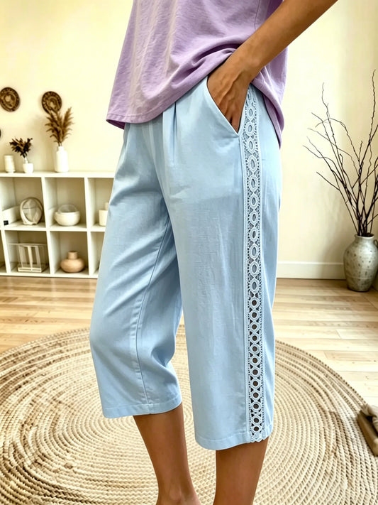 Women's Lace Trim Capri Cotton Cropped Pants