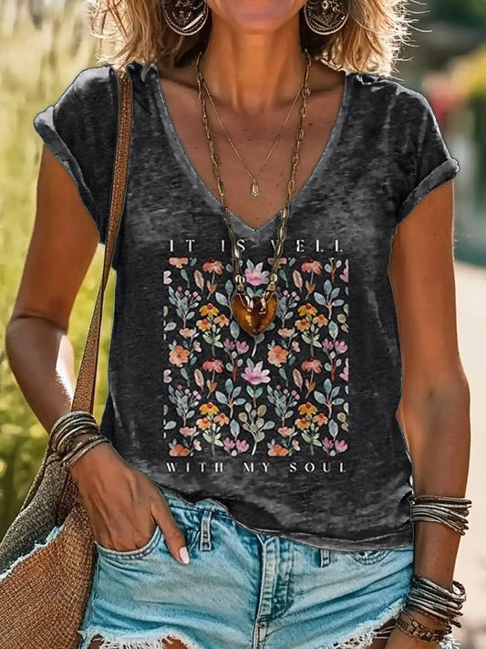 Itis Well with Ny Soul Graphic Art Print 100% Cotton V-neck T-shirt