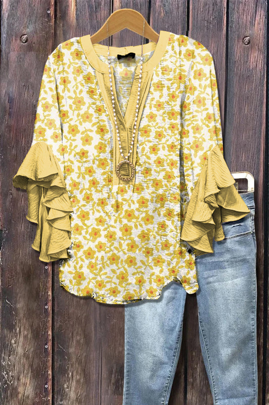 Elegant Floral Print Ruffle Sleeve Top
