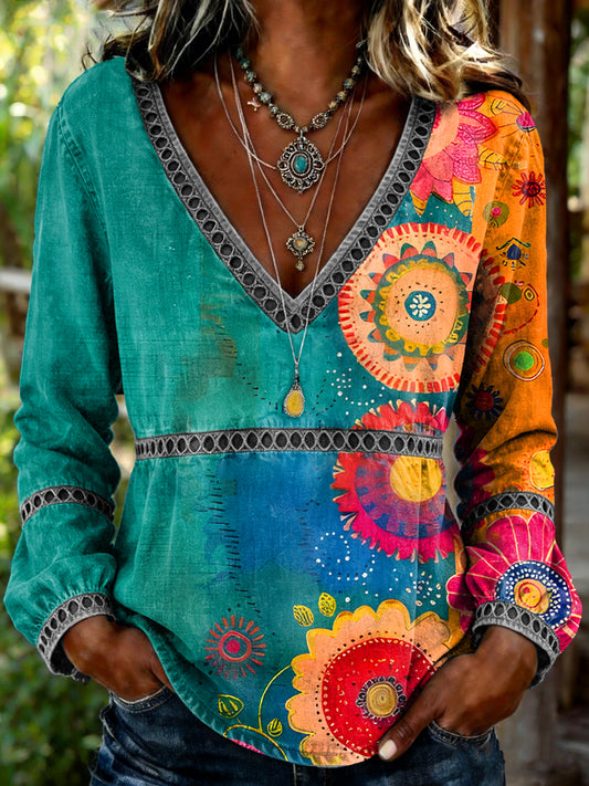 Women's Retro Ethnic Floral Art Print Casual Long-sleeved V-neck Hollow-out Shirt