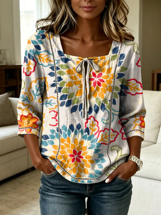 Women's Floral Artistic Tie-front Square-neck Short-sleeve Top