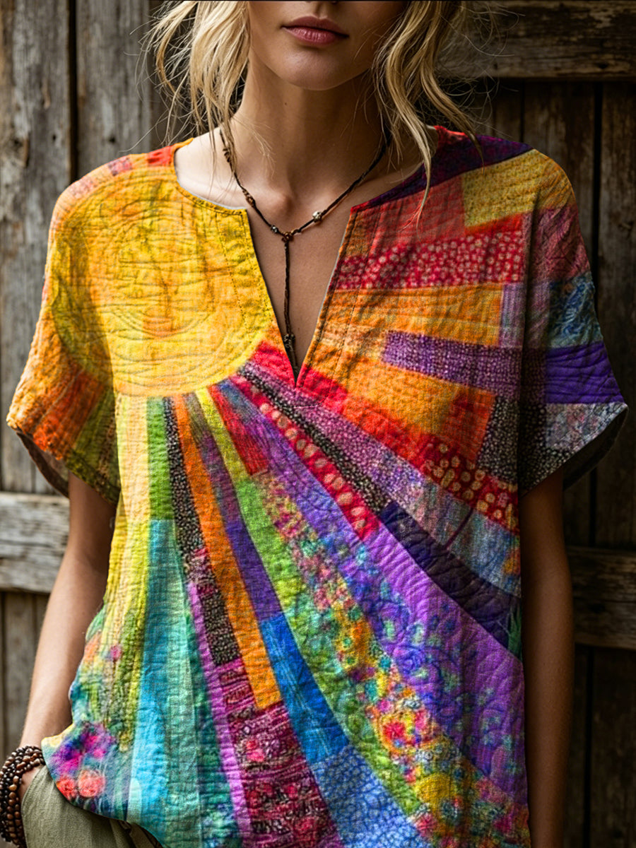 Women's Retro Colorful Sun Art Print Casual Short-sleeve V-neck Cotton Linen Shirt