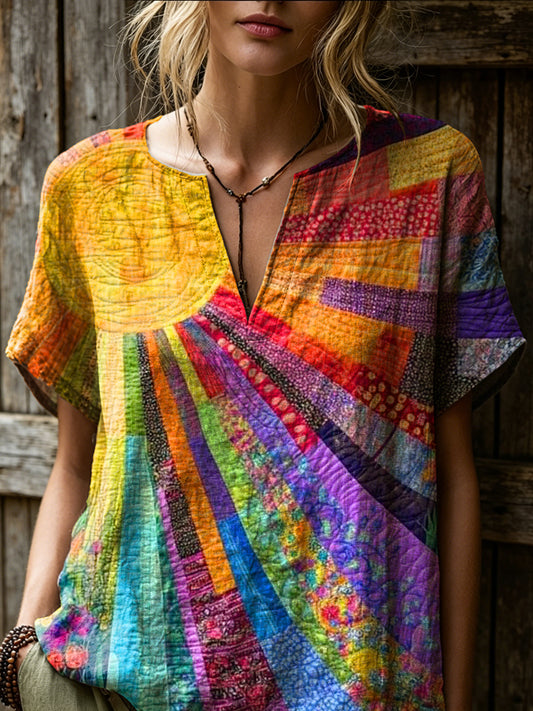 Women's Retro Colorful Sun Art Print Casual Short-sleeve V-neck Cotton Linen Shirt