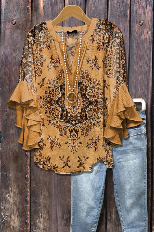Elegant Retro Ethnic Pattern Printed Ruffle Sleeve Top