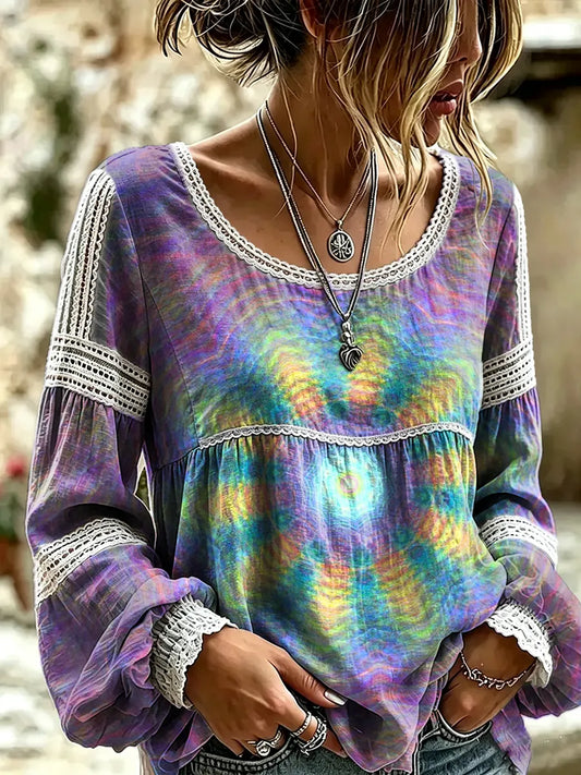 Ethnicity Kaleidoscope Purple Women's Art Print Casual Lace Print Blouse Shirt