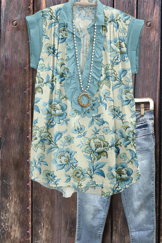 Vintage Floral Print Ruffle Neck Top